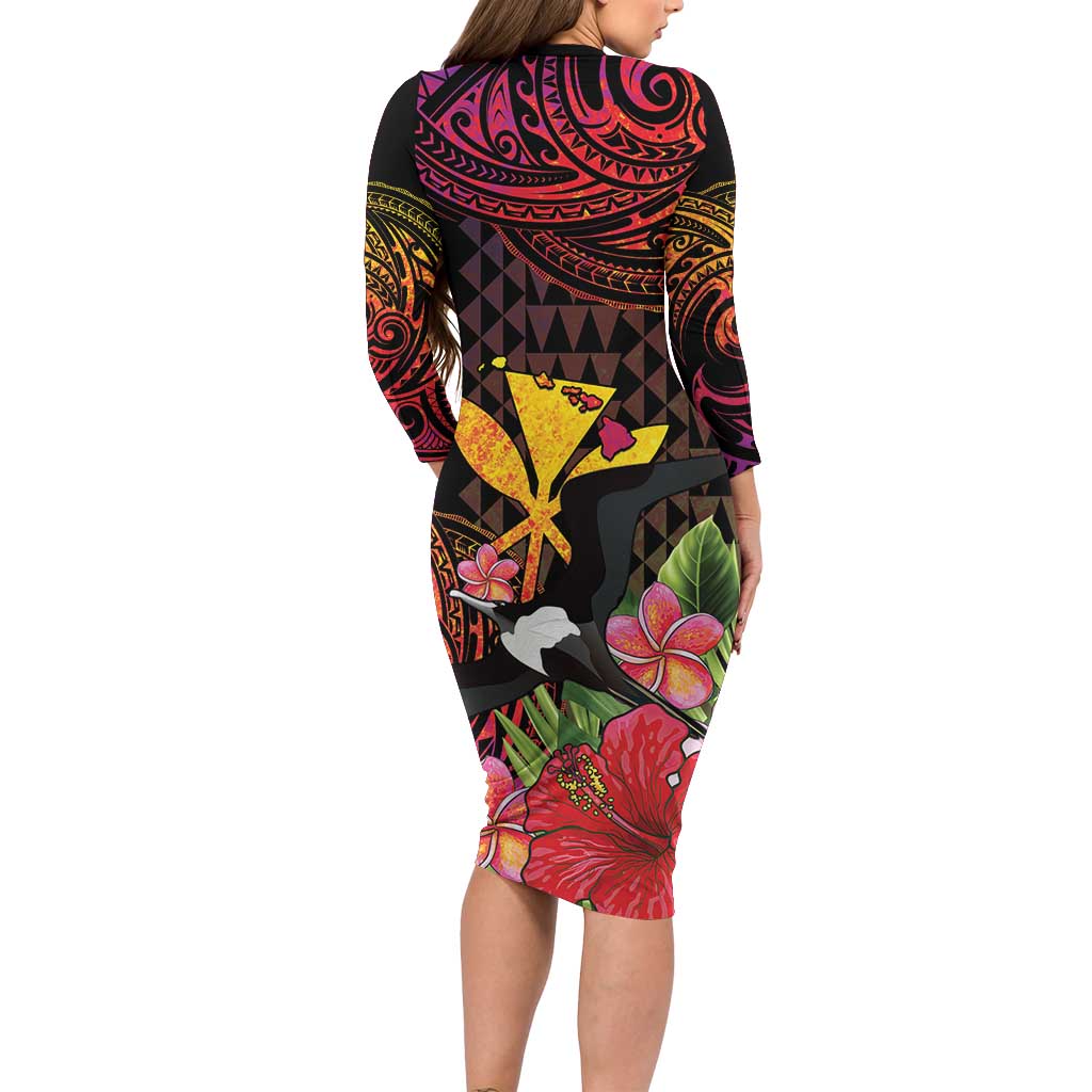 Hawaii Iwa Bird Family Matching Long Sleeve Bodycon Dress and Hawaiian Shirt Great Frigatebird Kanaka Tropical Hippie Style LT14 - Polynesian Pride