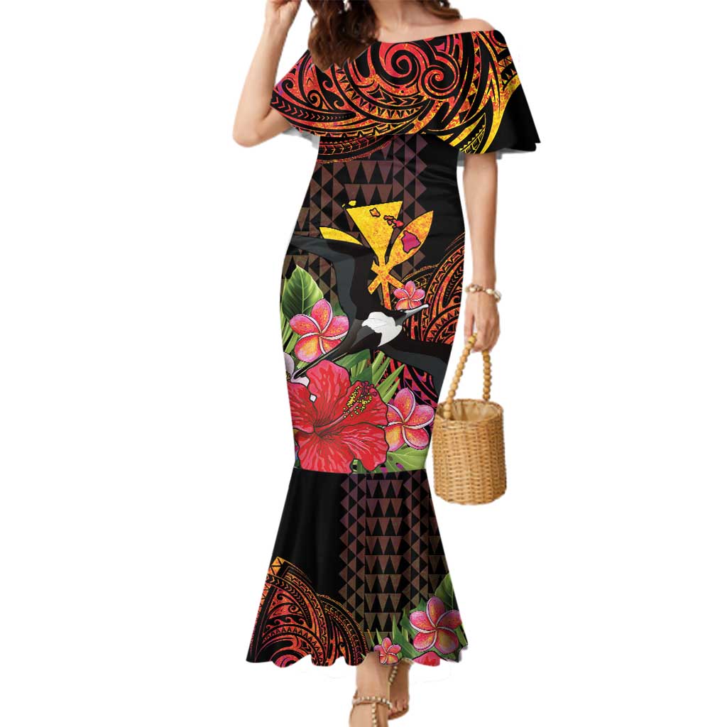 Hawaii Iwa Bird Family Matching Mermaid Dress and Hawaiian Shirt Great Frigatebird Kanaka Tropical Hippie Style LT14 Mom's Dress Black - Polynesian Pride