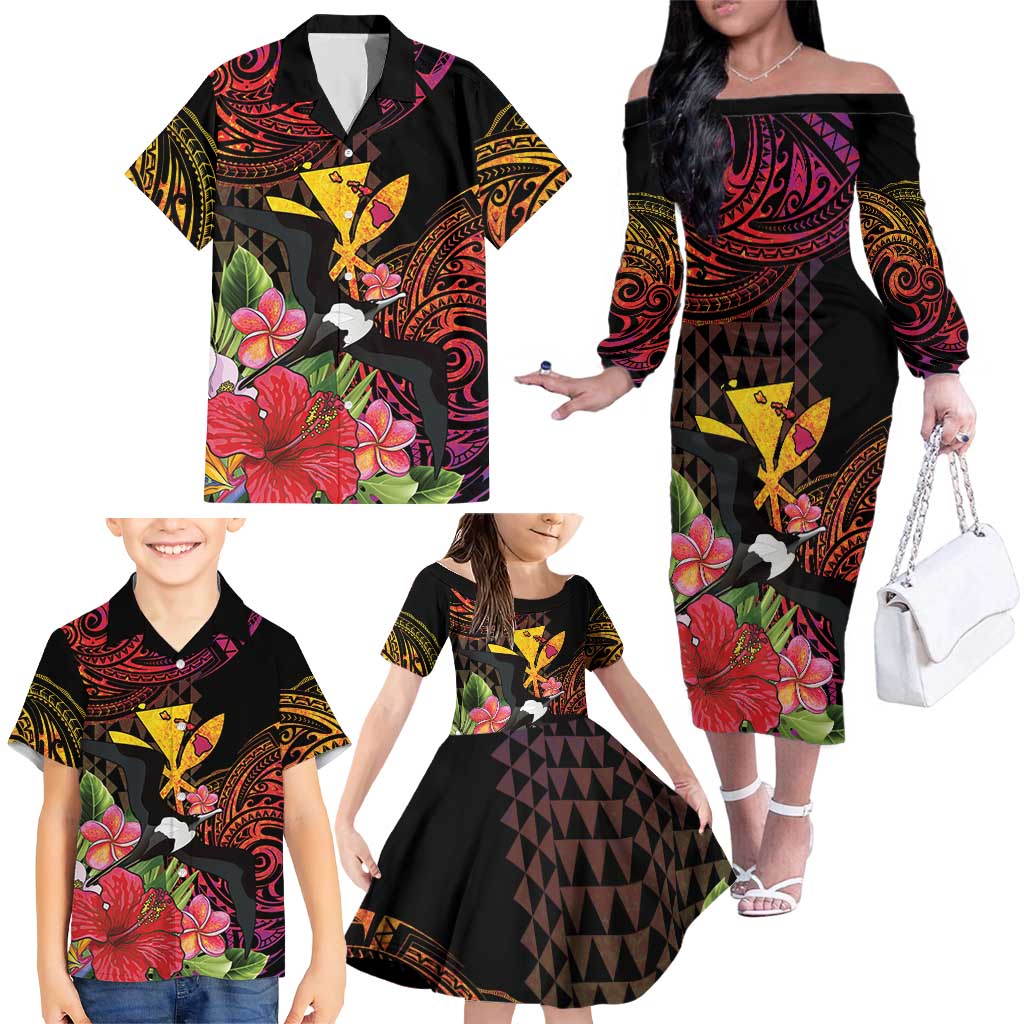Hawaii Iwa Bird Family Matching Off The Shoulder Long Sleeve Dress and Hawaiian Shirt Great Frigatebird Kanaka Tropical Hippie Style LT14 - Polynesian Pride