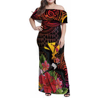 Hawaii Iwa Bird Family Matching Off Shoulder Maxi Dress and Hawaiian Shirt Great Frigatebird Kanaka Tropical Hippie Style LT14 Mom's Dress Black - Polynesian Pride