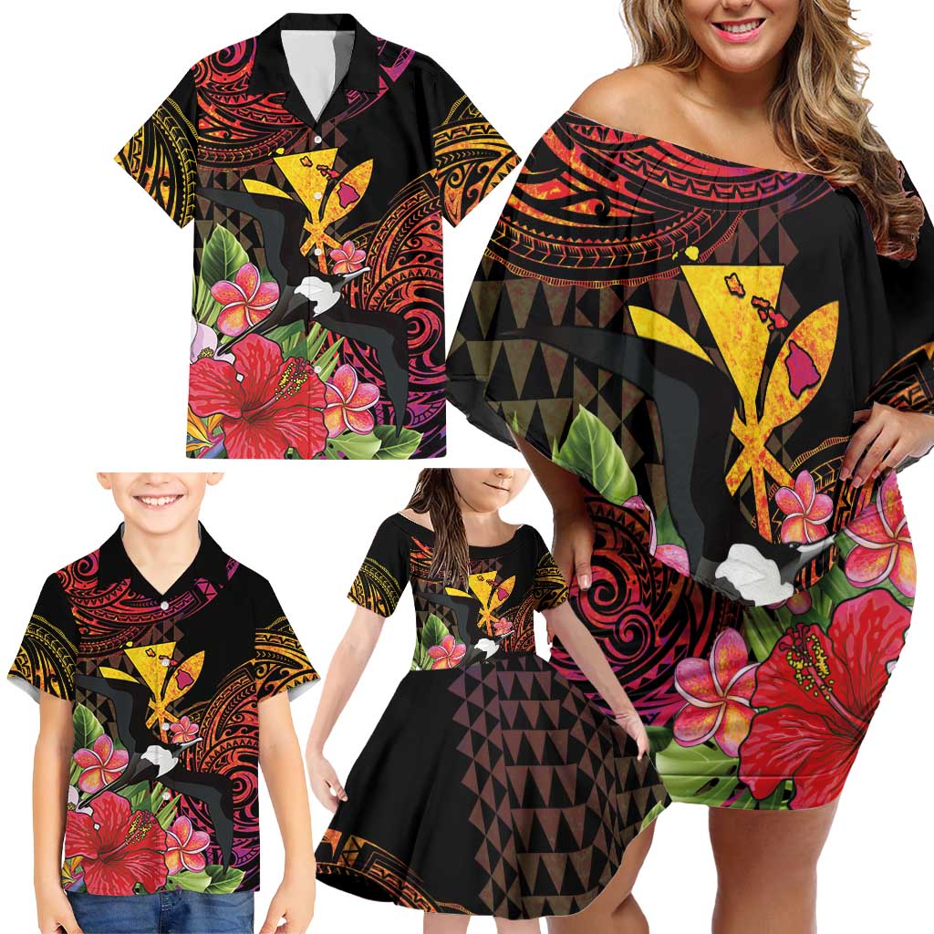 Hawaii Iwa Bird Family Matching Off Shoulder Short Dress and Hawaiian Shirt Great Frigatebird Kanaka Tropical Hippie Style - Polynesian Pride