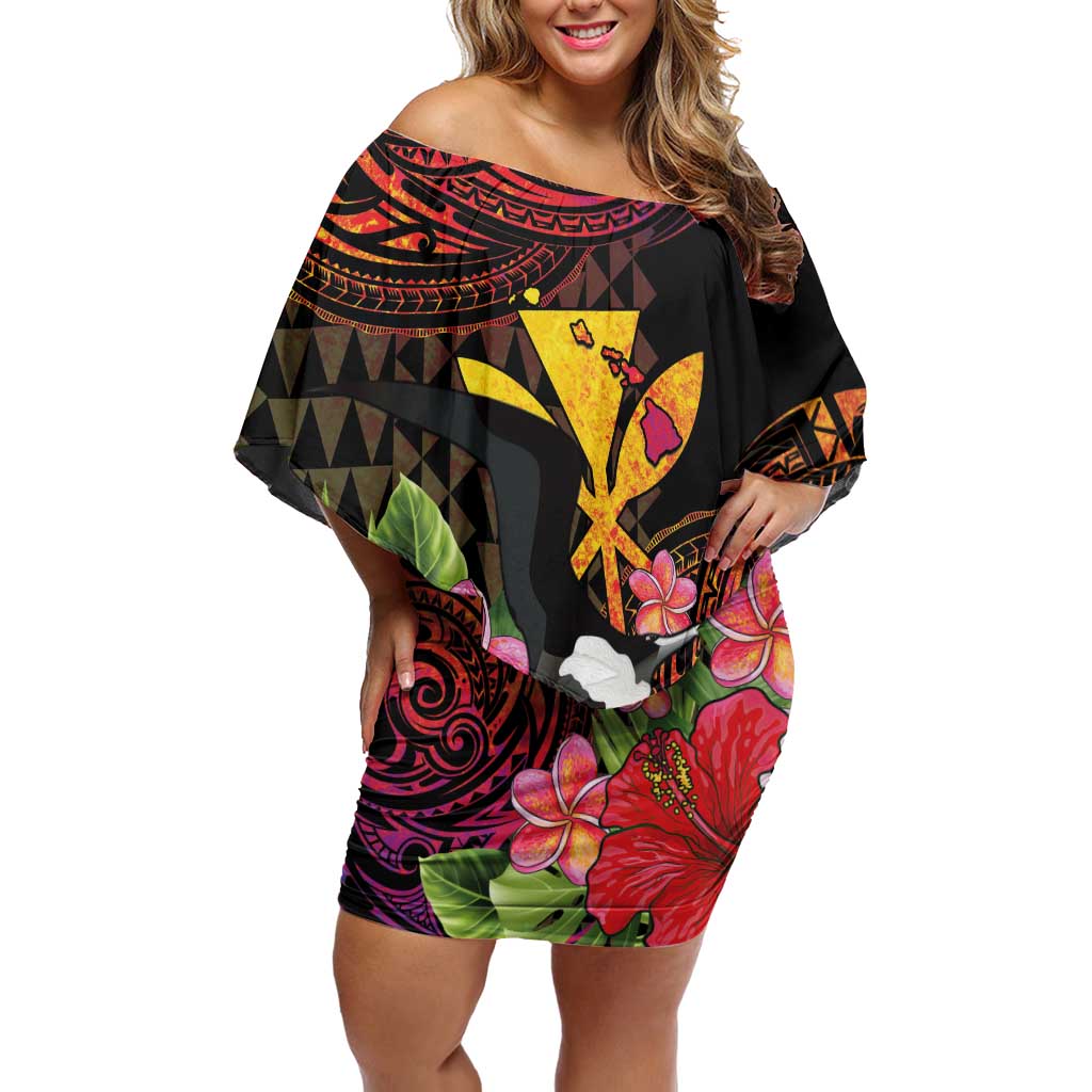 Hawaii Iwa Bird Family Matching Off Shoulder Short Dress and Hawaiian Shirt Great Frigatebird Kanaka Tropical Hippie Style LT14 Mom's Dress Black - Polynesian Pride