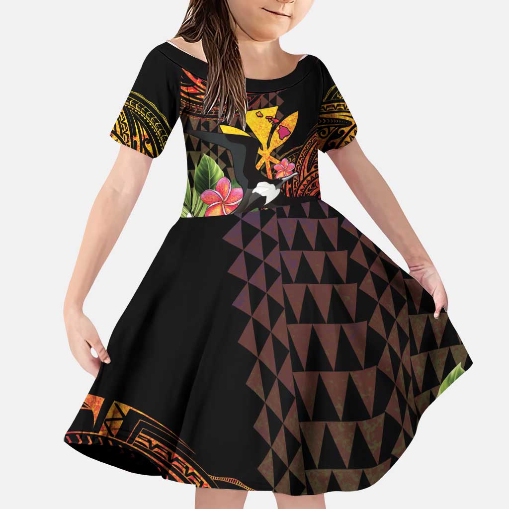 Hawaii Iwa Bird Family Matching Puletasi and Hawaiian Shirt Great Frigatebird Kanaka Tropical Hippie Style LT14 Daughter's Dress Black - Polynesian Pride
