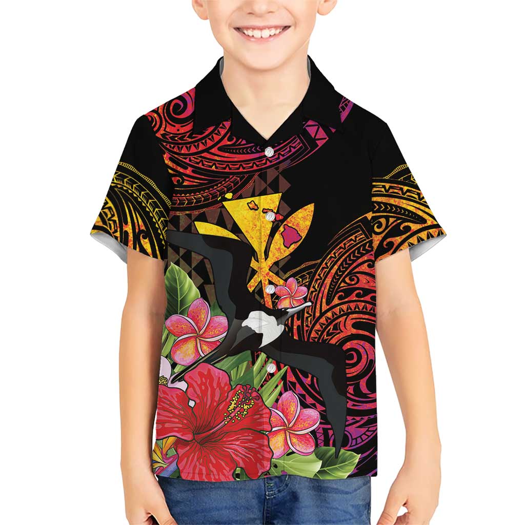 Hawaii Iwa Bird Family Matching Puletasi and Hawaiian Shirt Great Frigatebird Kanaka Tropical Hippie Style LT14 Son's Shirt Black - Polynesian Pride