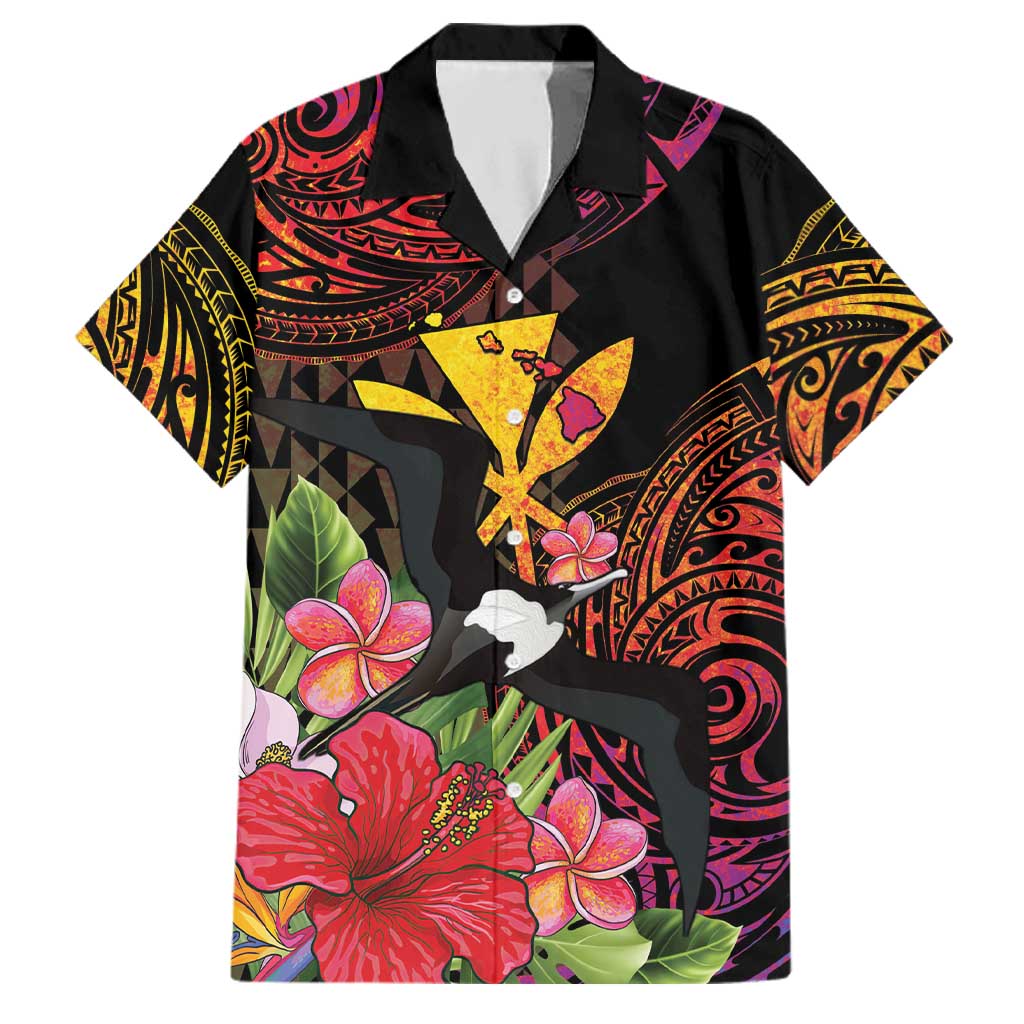 Hawaii Iwa Bird Family Matching Summer Maxi Dress and Hawaiian Shirt Great Frigatebird Kanaka Tropical Hippie Style LT14 Dad's Shirt - Short Sleeve Black - Polynesian Pride