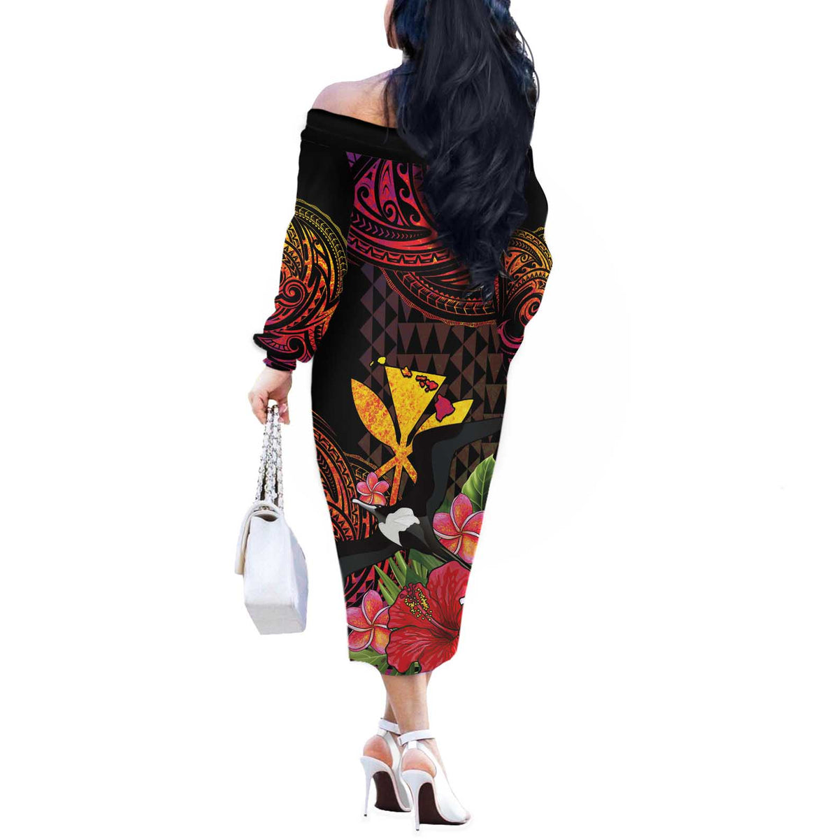 Hawaii Iwa Bird Off The Shoulder Long Sleeve Dress Great Frigatebird Kanaka Tropical Hippie Style - Polynesian Pride
