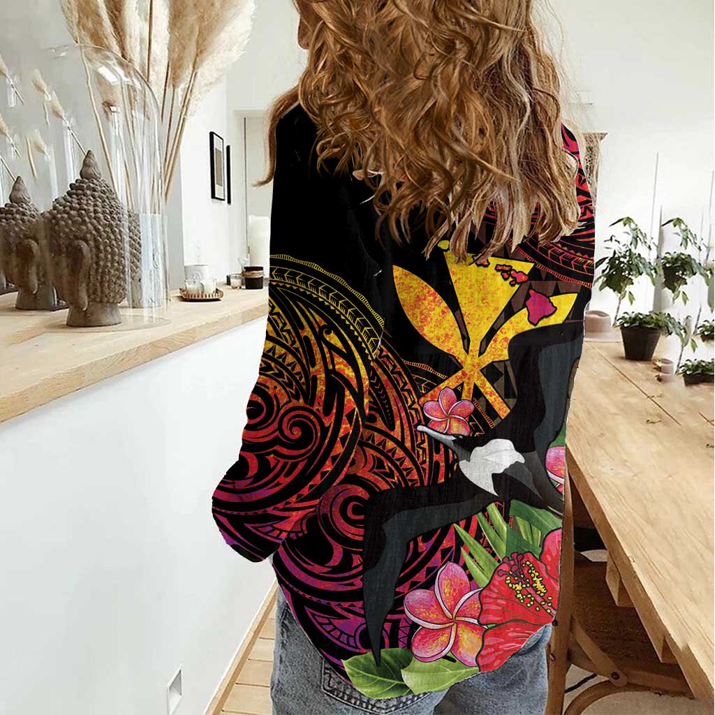 Hawaii Iwa Bird Women Casual Shirt Great Frigatebird Kanaka Tropical Hippie Style - Polynesian Pride