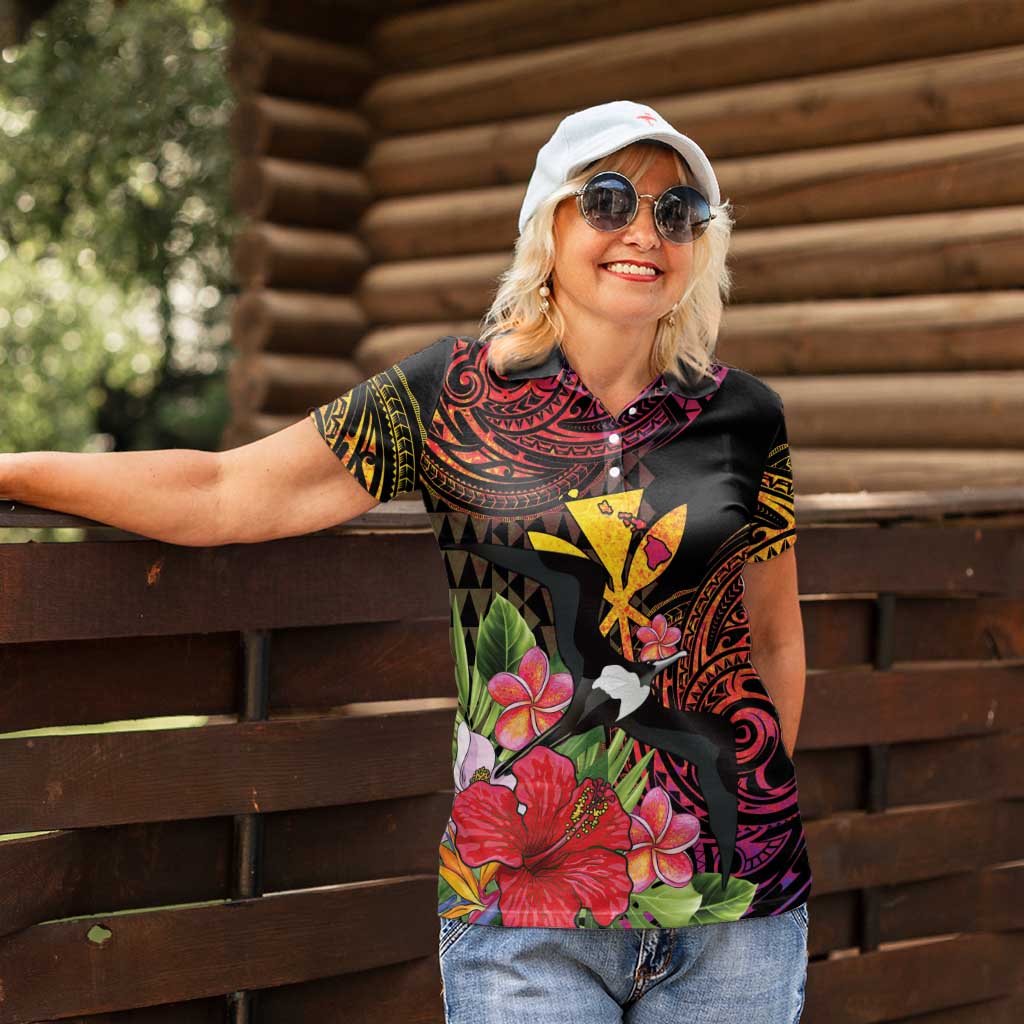 Hawaii Iwa Bird Women Polo Shirt Great Frigatebird Kanaka Tropical Hippie Style - Polynesian Pride