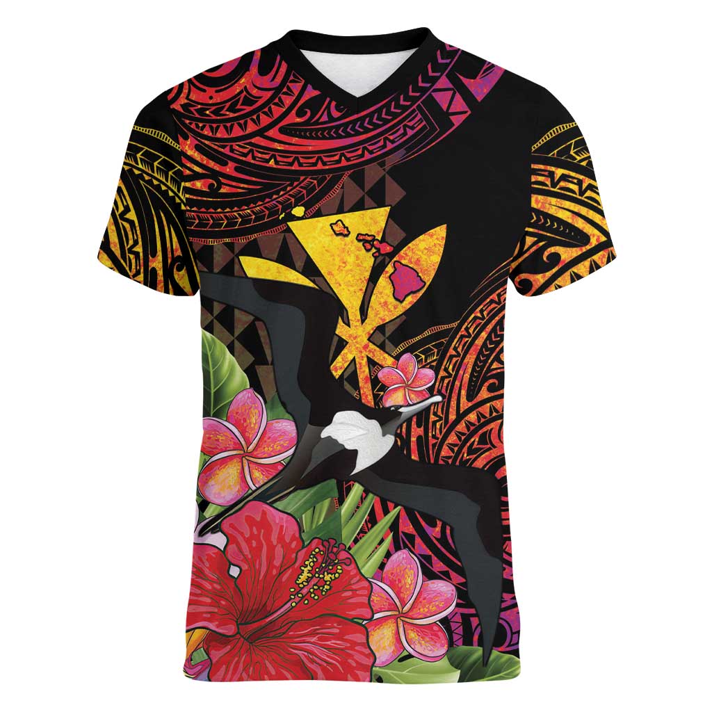Hawaii Iwa Bird Women V-Neck T-Shirt Great Frigatebird Kanaka Tropical Hippie Style LT14 Female Black - Polynesian Pride