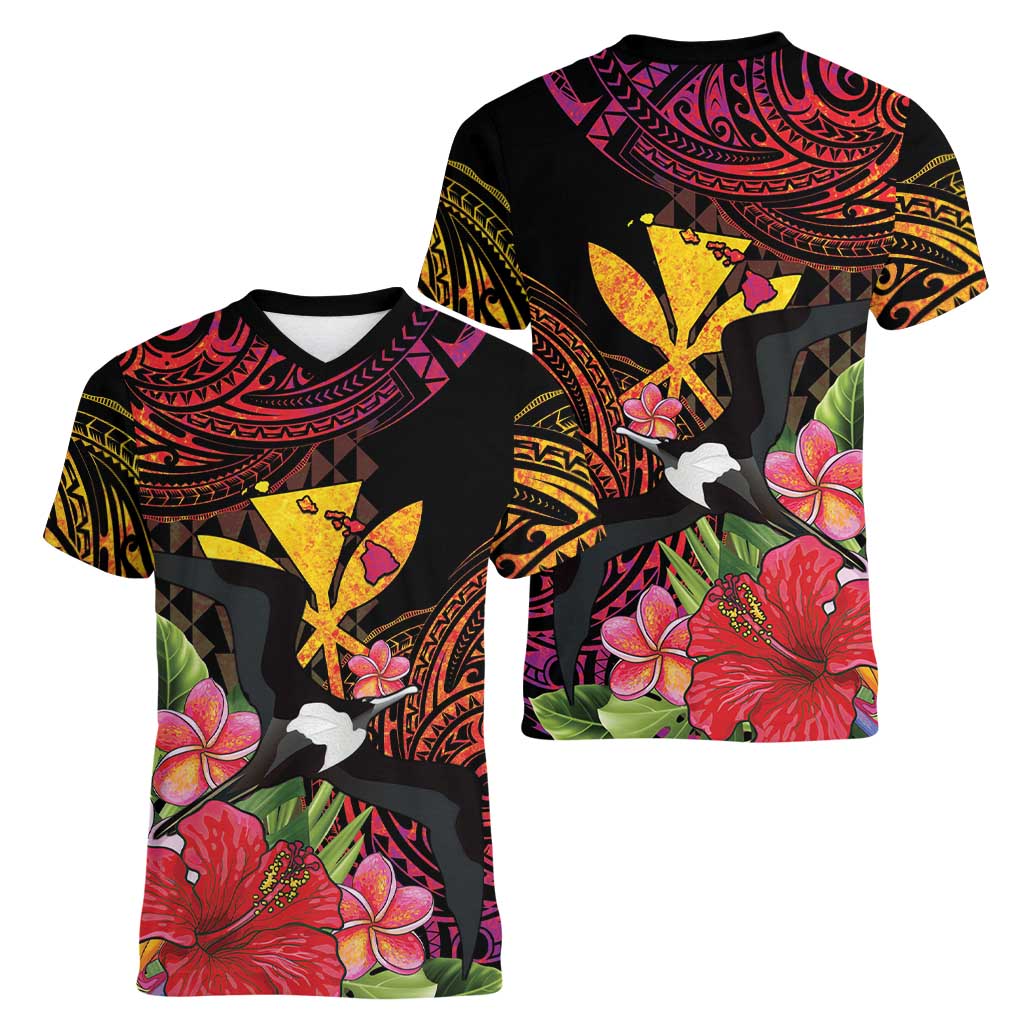 Hawaii Iwa Bird Women V-Neck T-Shirt Great Frigatebird Kanaka Tropical Hippie Style LT14 - Polynesian Pride