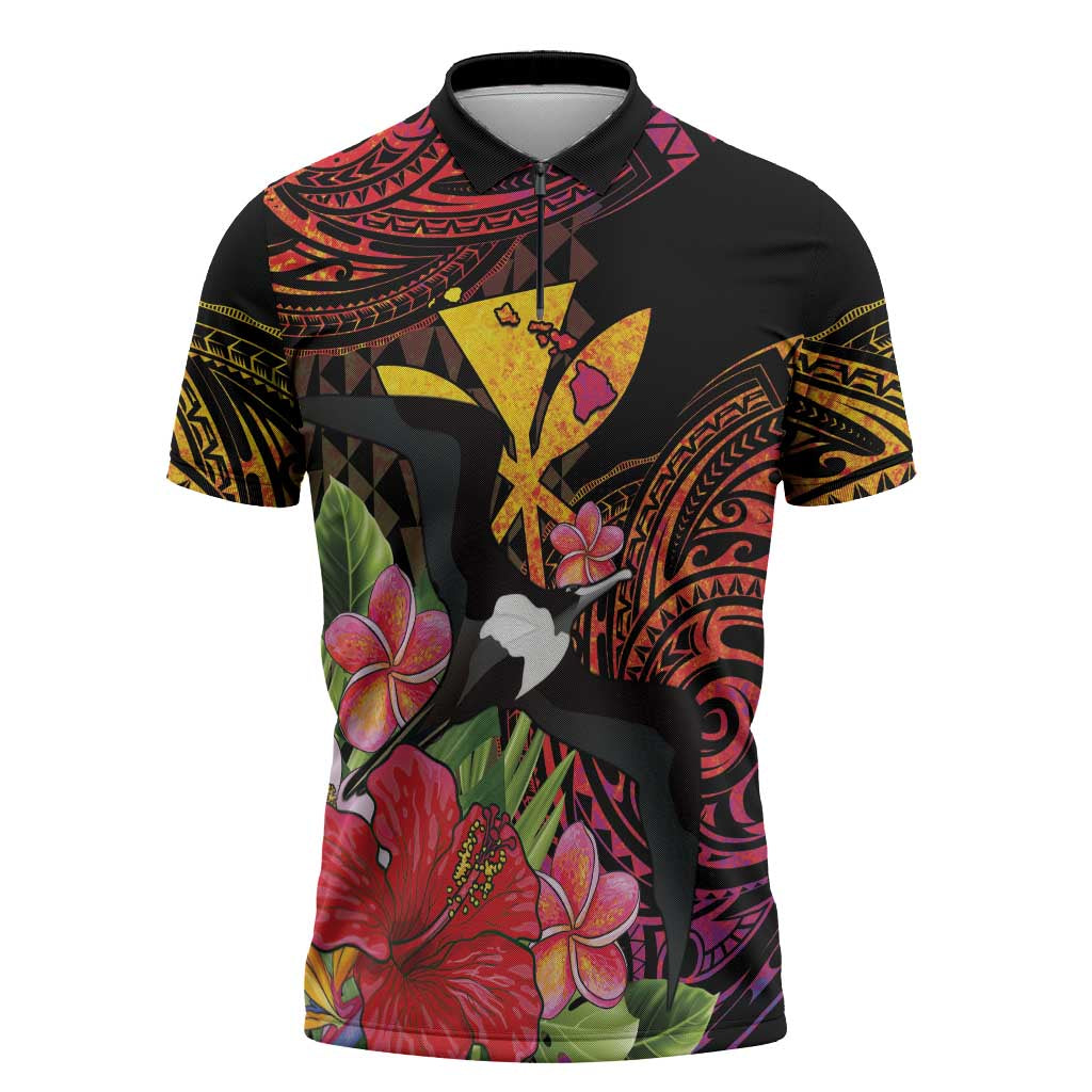 Hawaii Iwa Bird Zipper Polo Shirt Great Frigatebird Kanaka Tropical Hippie Style - Polynesian Pride