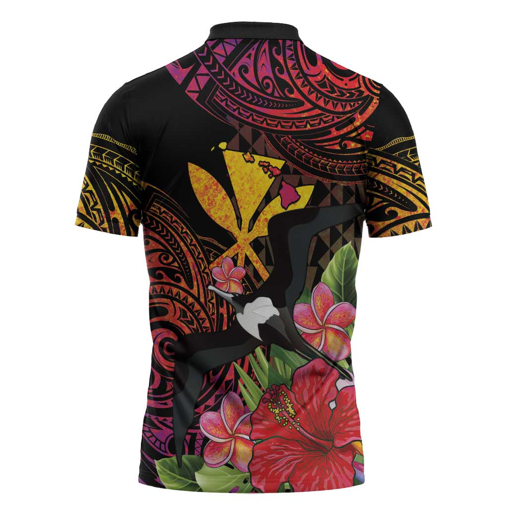 Hawaii Iwa Bird Zipper Polo Shirt Great Frigatebird Kanaka Tropical Hippie Style - Polynesian Pride