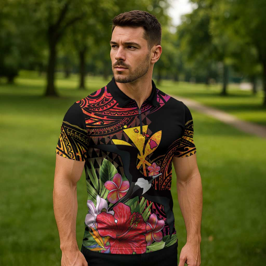 Hawaii Iwa Bird Zipper Polo Shirt Great Frigatebird Kanaka Tropical Hippie Style - Polynesian Pride