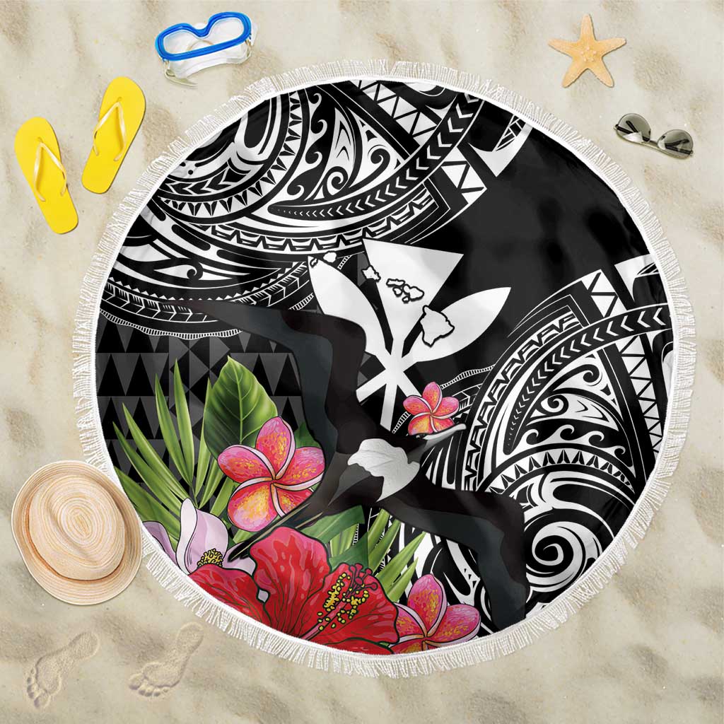 Hawaii Iwa Bird Beach Blanket Great Frigatebird Kanaka Tropical Flowers LT14 One Size 150cm Black - Polynesian Pride