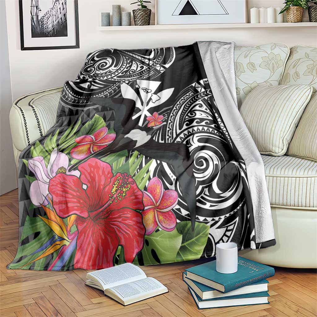 Hawaii Iwa Bird Blanket Great Frigatebird Kanaka Tropical Flowers LT14 Black - Polynesian Pride