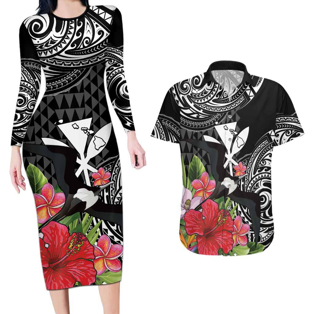 Hawaii Iwa Bird Couples Matching Long Sleeve Bodycon Dress and Hawaiian Shirt Great Frigatebird Kanaka Tropical Flowers LT14 Black - Polynesian Pride