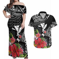 Hawaii Iwa Bird Couples Matching Off Shoulder Maxi Dress and Hawaiian Shirt Great Frigatebird Kanaka Tropical Flowers LT14 Black - Polynesian Pride