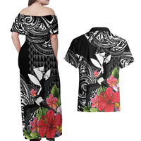 Hawaii Iwa Bird Couples Matching Off Shoulder Maxi Dress and Hawaiian Shirt Great Frigatebird Kanaka Tropical Flowers LT14 - Polynesian Pride
