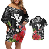 Hawaii Iwa Bird Couples Matching Off Shoulder Short Dress and Hawaiian Shirt Great Frigatebird Kanaka Tropical Flowers LT14 Black - Polynesian Pride