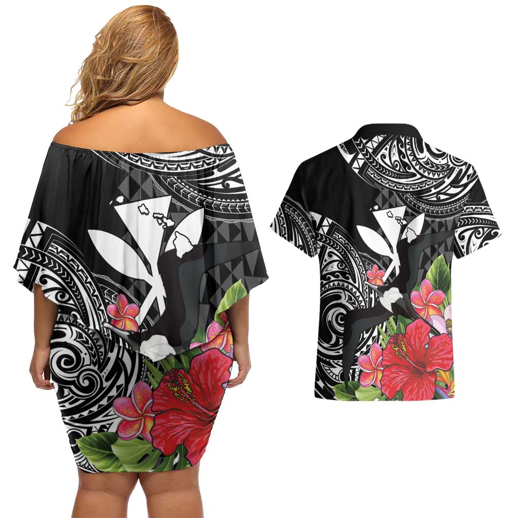 Hawaii Iwa Bird Couples Matching Off Shoulder Short Dress and Hawaiian Shirt Great Frigatebird Kanaka Tropical Flowers LT14 - Polynesian Pride