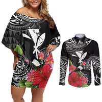 Hawaii Iwa Bird Couples Matching Off Shoulder Short Dress and Long Sleeve Button Shirt Great Frigatebird Kanaka Tropical Flowers LT14 Black - Polynesian Pride