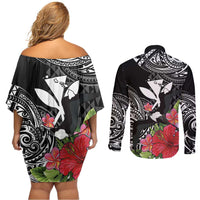 Hawaii Iwa Bird Couples Matching Off Shoulder Short Dress and Long Sleeve Button Shirt Great Frigatebird Kanaka Tropical Flowers LT14 - Polynesian Pride