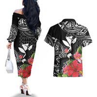Hawaii Iwa Bird Couples Matching Off The Shoulder Long Sleeve Dress and Hawaiian Shirt Great Frigatebird Kanaka Tropical Flowers LT14 - Polynesian Pride