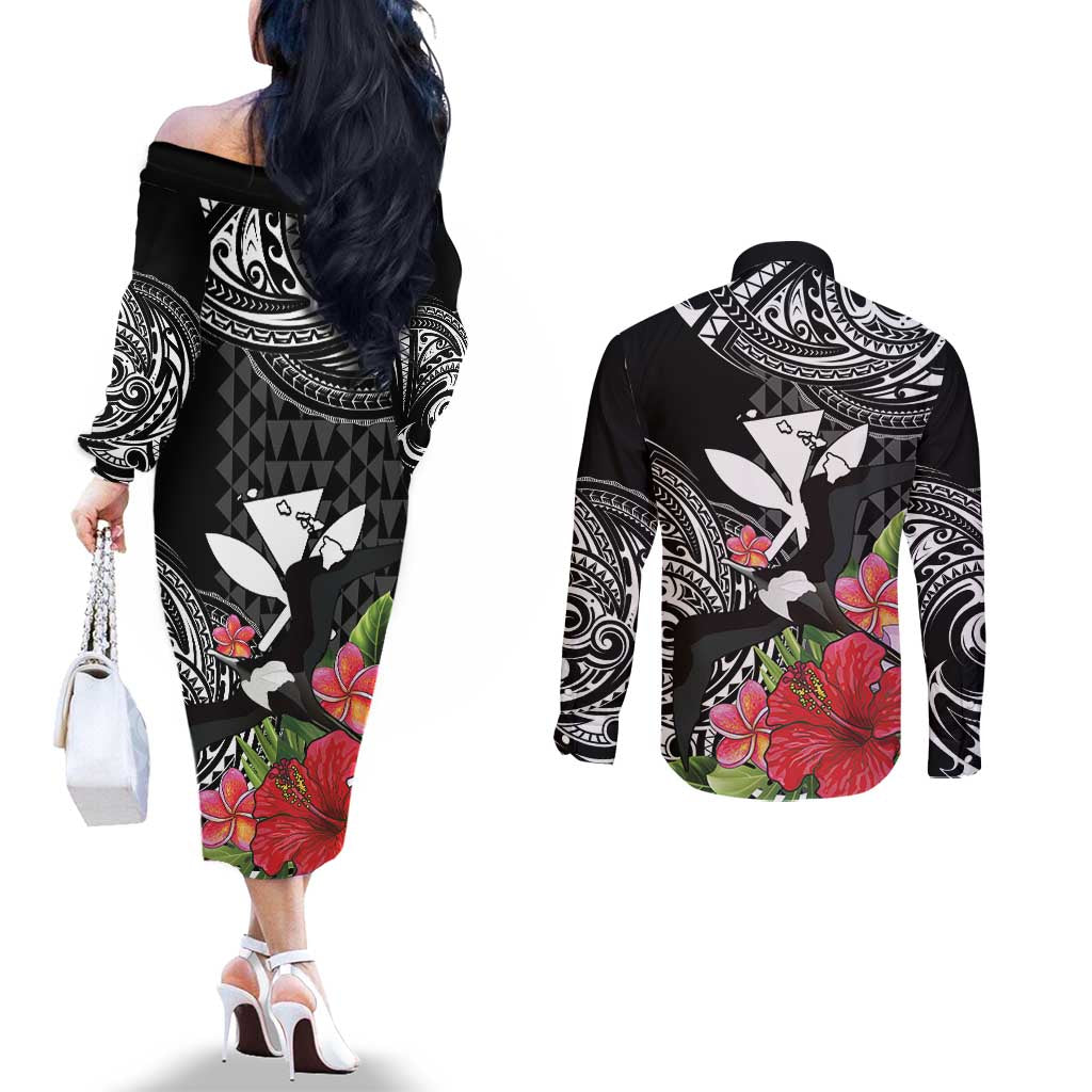 Hawaii Iwa Bird Couples Matching Off The Shoulder Long Sleeve Dress and Long Sleeve Button Shirt Great Frigatebird Kanaka Tropical Flowers LT14 - Polynesian Pride
