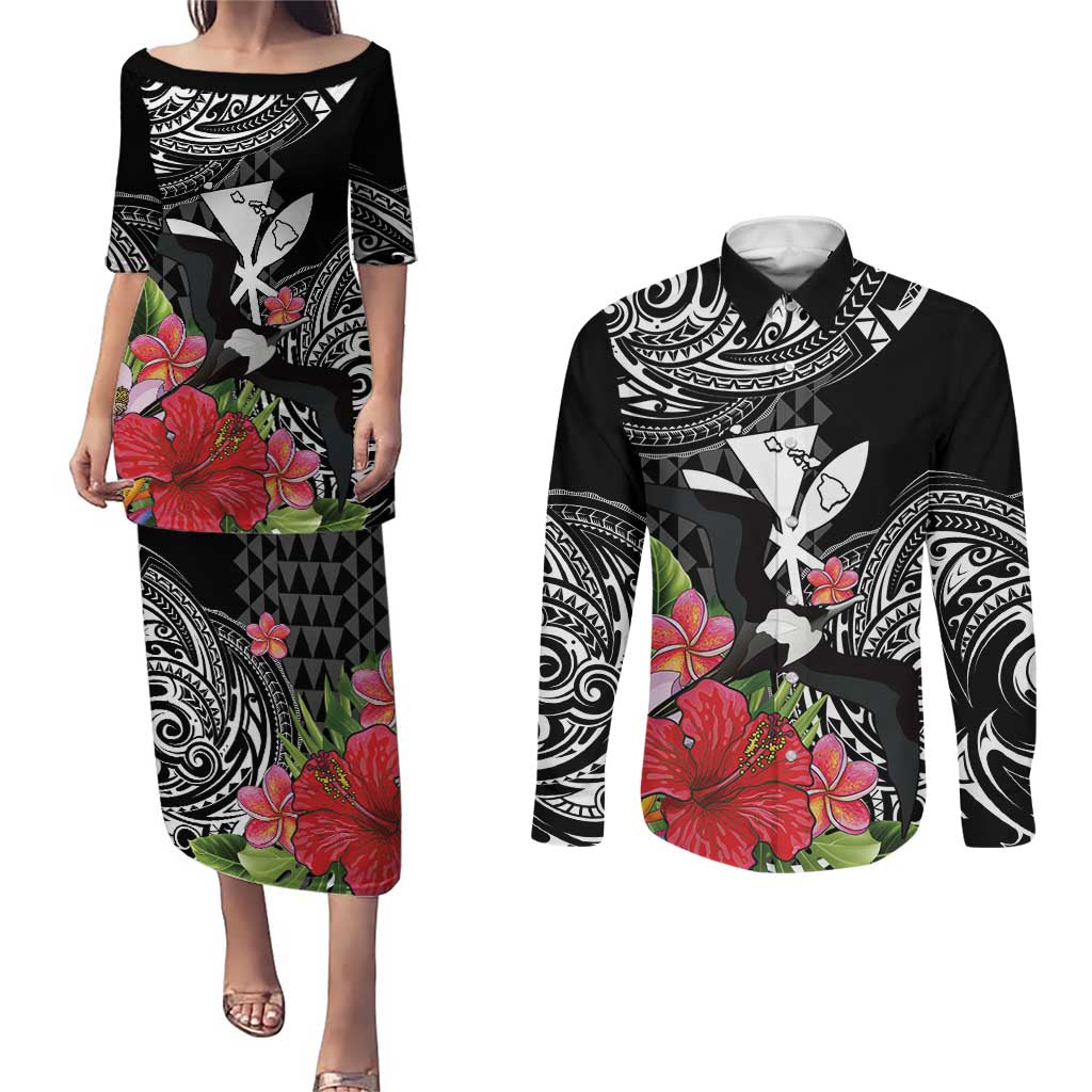 Hawaii Iwa Bird Couples Matching Puletasi and Long Sleeve Button Shirt Great Frigatebird Kanaka Tropical Flowers - Polynesian Pride