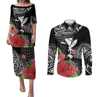 Hawaii Iwa Bird Couples Matching Puletasi and Long Sleeve Button Shirt Great Frigatebird Kanaka Tropical Flowers - Polynesian Pride