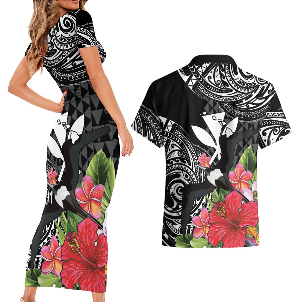 Hawaii Iwa Bird Couples Matching Short Sleeve Bodycon Dress and Hawaiian Shirt Great Frigatebird Kanaka Tropical Flowers LT14 - Polynesian Pride