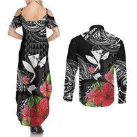 Hawaii Iwa Bird Couples Matching Summer Maxi Dress and Long Sleeve Button Shirt Great Frigatebird Kanaka Tropical Flowers LT14 - Polynesian Pride
