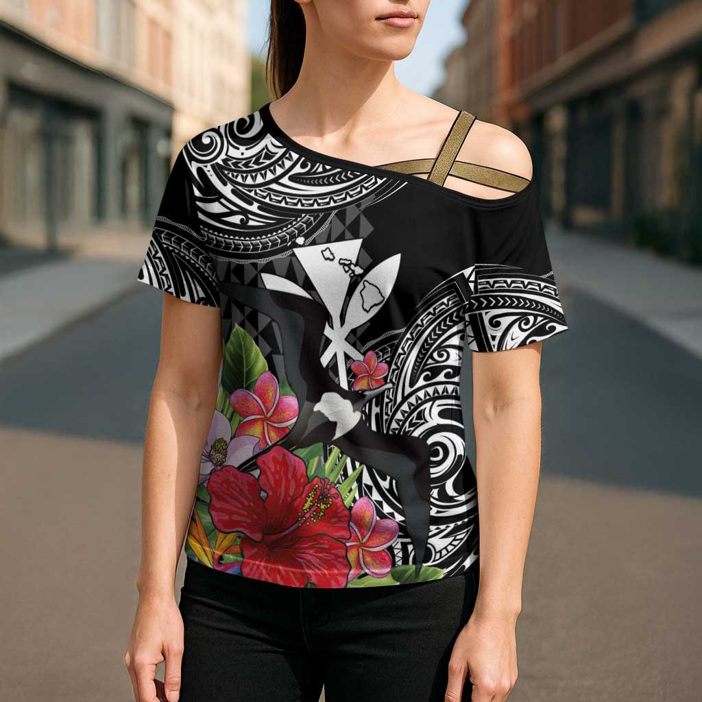 Hawaii Iwa Bird Cross Shoulder Shirt Great Frigatebird Kanaka Tropical Flowers - Polynesian Pride