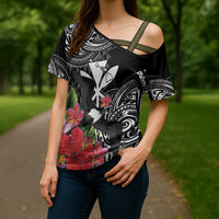 Hawaii Iwa Bird Cross Shoulder Shirt Great Frigatebird Kanaka Tropical Flowers - Polynesian Pride