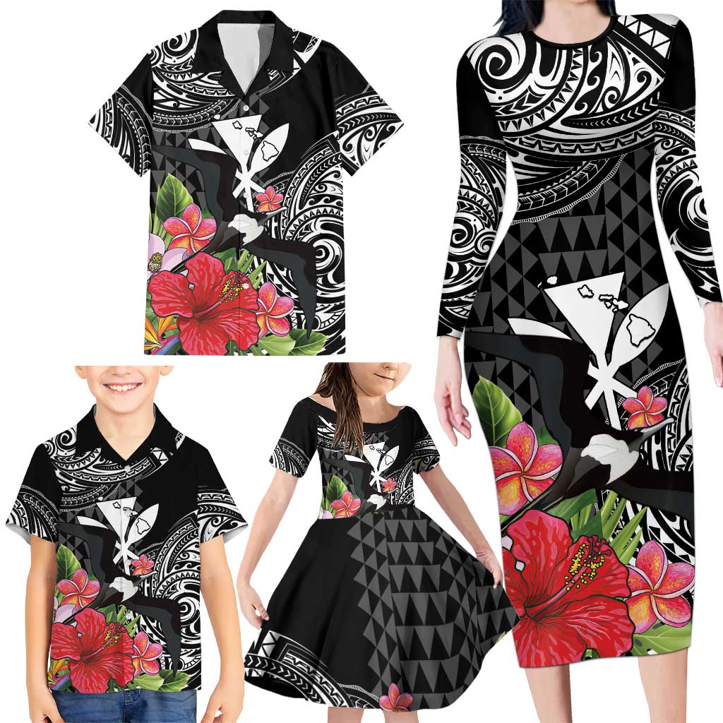 Hawaii Iwa Bird Family Matching Long Sleeve Bodycon Dress and Hawaiian Shirt Great Frigatebird Kanaka Tropical Flowers LT14 - Polynesian Pride