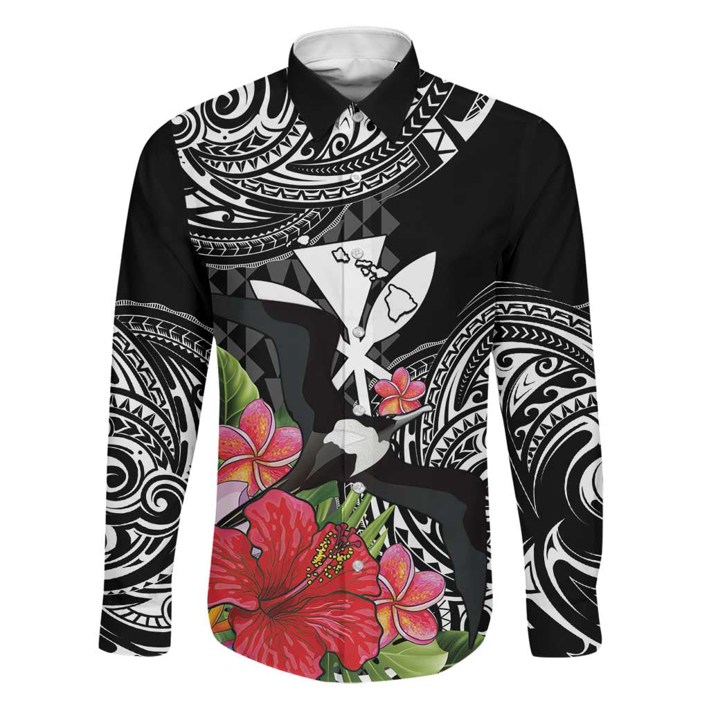 Hawaii Iwa Bird Family Matching Long Sleeve Bodycon Dress and Hawaiian Shirt Great Frigatebird Kanaka Tropical Flowers LT14 Dad's Shirt - Long Sleeve Black - Polynesian Pride