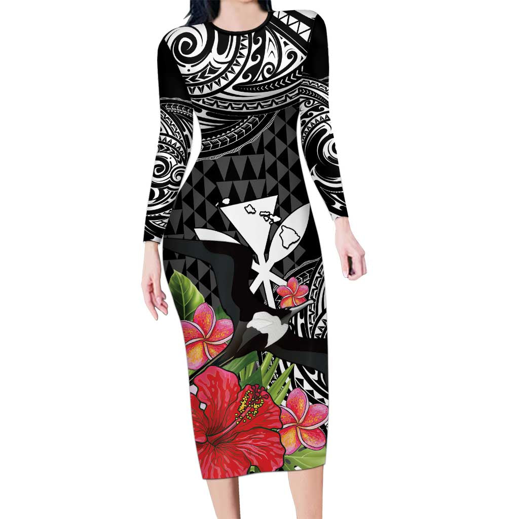 Hawaii Iwa Bird Family Matching Long Sleeve Bodycon Dress and Hawaiian Shirt Great Frigatebird Kanaka Tropical Flowers LT14 Mom's Dress Black - Polynesian Pride