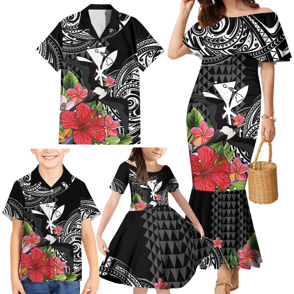 Hawaii Iwa Bird Family Matching Mermaid Dress and Hawaiian Shirt Great Frigatebird Kanaka Tropical Flowers - Polynesian Pride