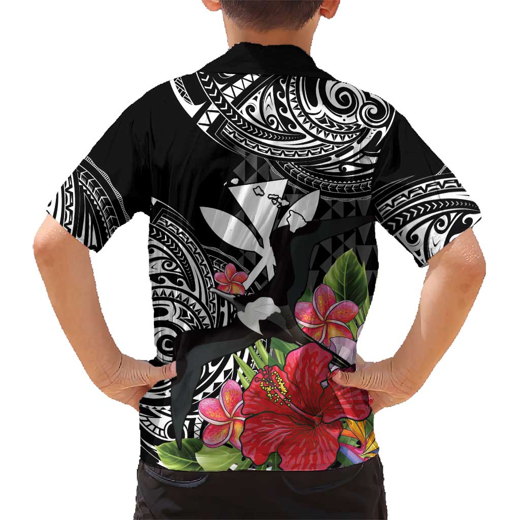 Hawaii Iwa Bird Family Matching Off The Shoulder Long Sleeve Dress and Hawaiian Shirt Great Frigatebird Kanaka Tropical Flowers LT14 - Polynesian Pride