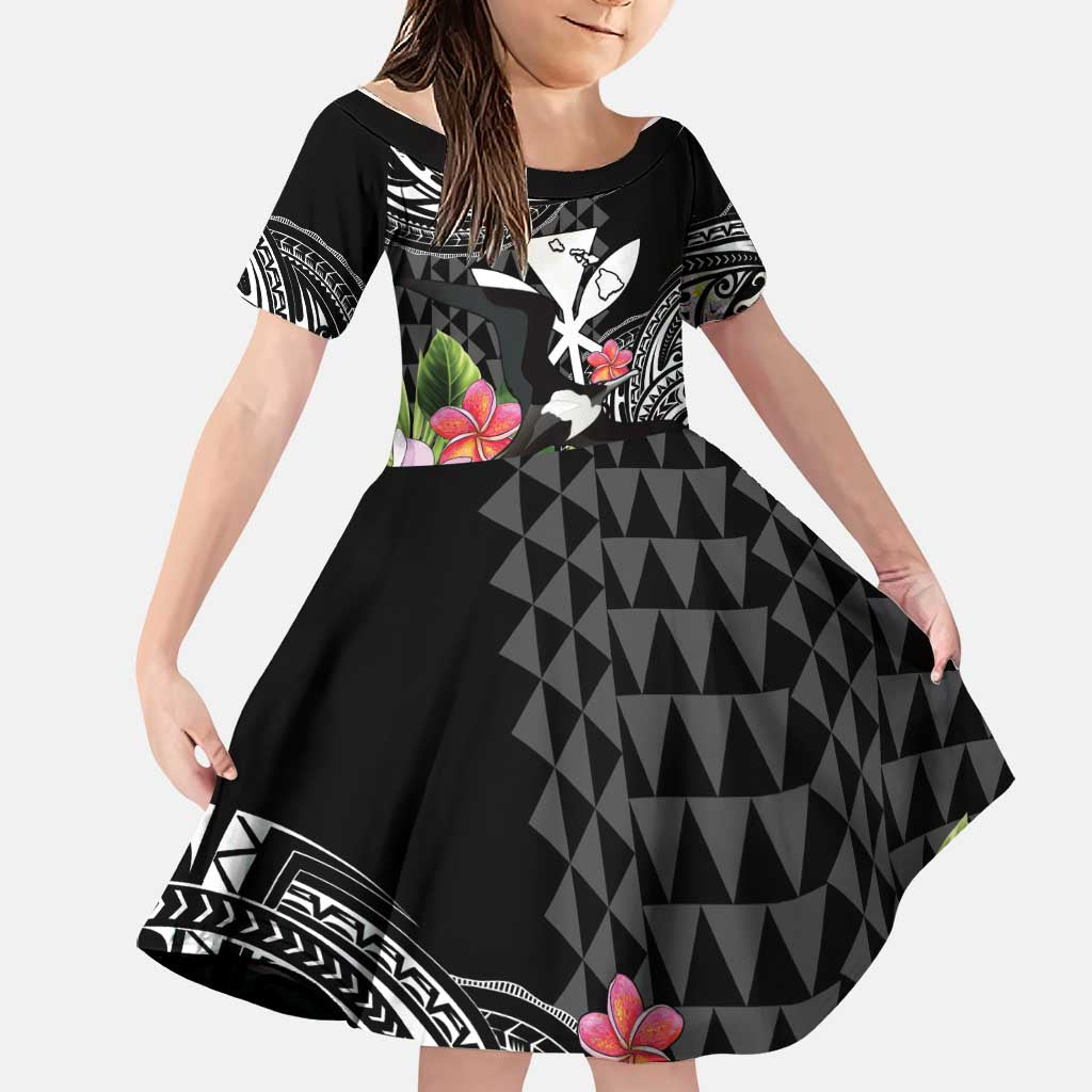 Hawaii Iwa Bird Family Matching Off The Shoulder Long Sleeve Dress and Hawaiian Shirt Great Frigatebird Kanaka Tropical Flowers LT14 Daughter's Dress Black - Polynesian Pride