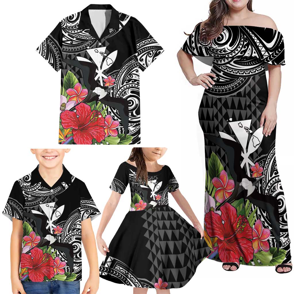 Hawaii Iwa Bird Family Matching Off Shoulder Maxi Dress and Hawaiian Shirt Great Frigatebird Kanaka Tropical Flowers LT14 - Polynesian Pride