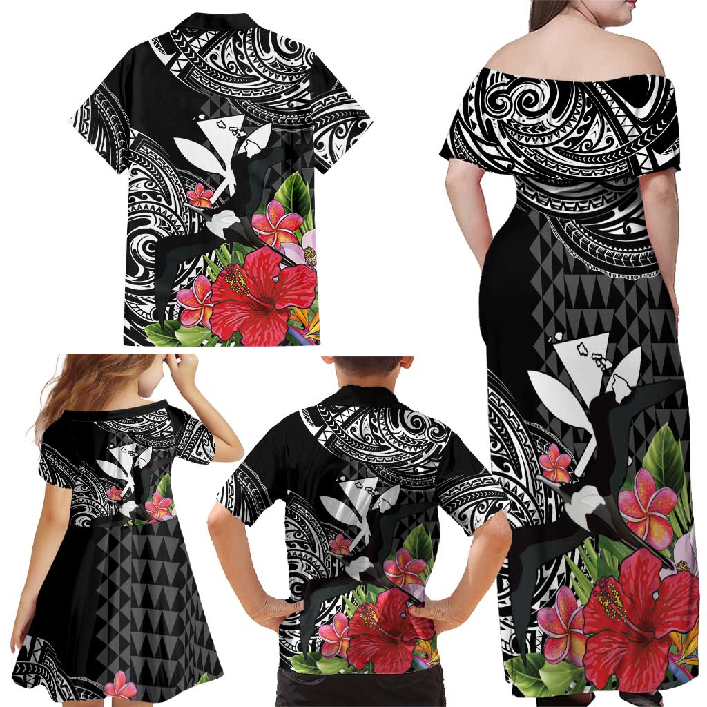 Hawaii Iwa Bird Family Matching Off Shoulder Maxi Dress and Hawaiian Shirt Great Frigatebird Kanaka Tropical Flowers LT14 - Polynesian Pride