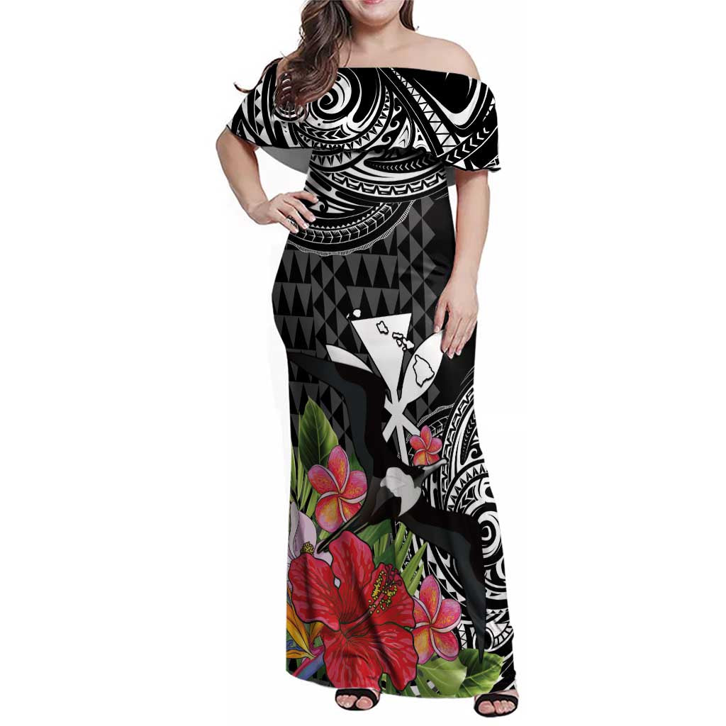 Hawaii Iwa Bird Family Matching Off Shoulder Maxi Dress and Hawaiian Shirt Great Frigatebird Kanaka Tropical Flowers LT14 Mom's Dress Black - Polynesian Pride