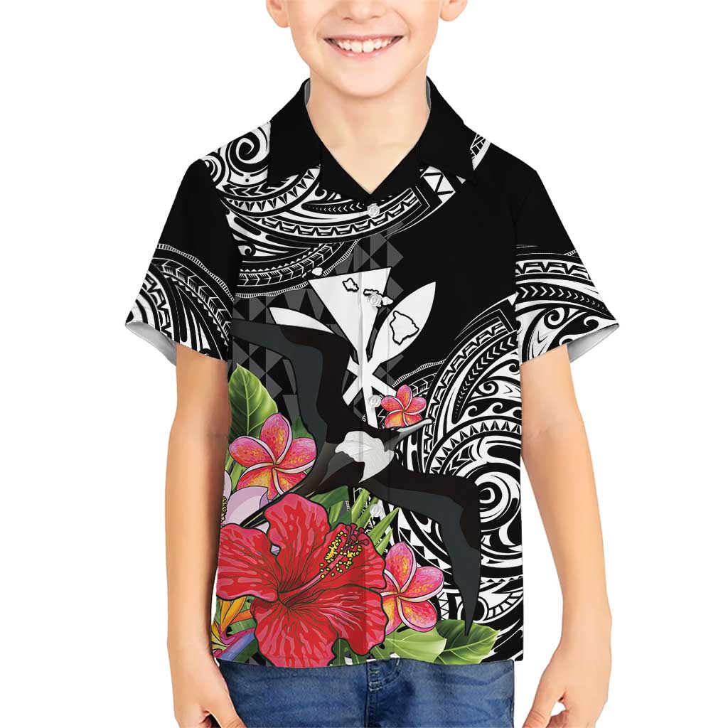 Hawaii Iwa Bird Family Matching Off Shoulder Maxi Dress and Hawaiian Shirt Great Frigatebird Kanaka Tropical Flowers LT14 Son's Shirt Black - Polynesian Pride