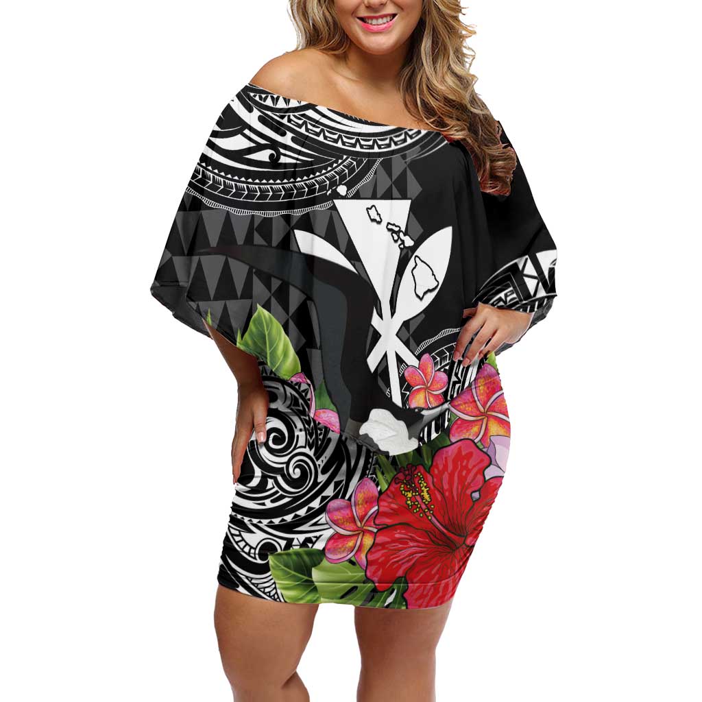 Hawaii Iwa Bird Family Matching Off Shoulder Short Dress and Hawaiian Shirt Great Frigatebird Kanaka Tropical Flowers LT14 Mom's Dress Black - Polynesian Pride