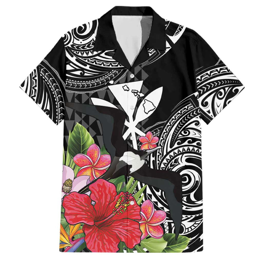 Hawaii Iwa Bird Family Matching Puletasi and Hawaiian Shirt Great Frigatebird Kanaka Tropical Flowers LT14 Dad's Shirt - Short Sleeve Black - Polynesian Pride