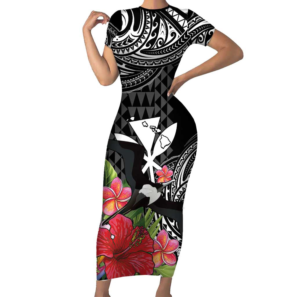 Hawaii Iwa Bird Family Matching Short Sleeve Bodycon Dress and Hawaiian Shirt Great Frigatebird Kanaka Tropical Flowers LT14 Mom's Dress Black - Polynesian Pride