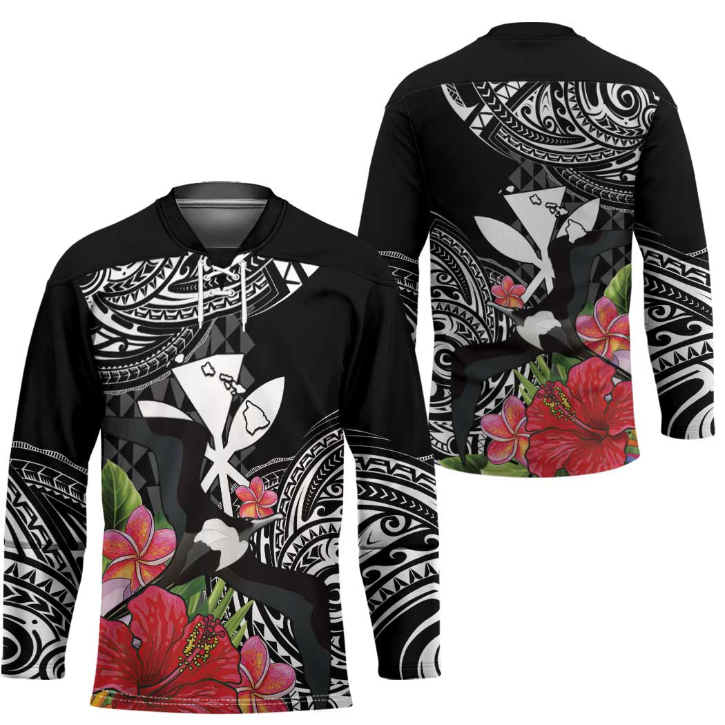 Hawaii Iwa Bird Hockey Jersey Great Frigatebird Kanaka Tropical Flowers - Polynesian Pride