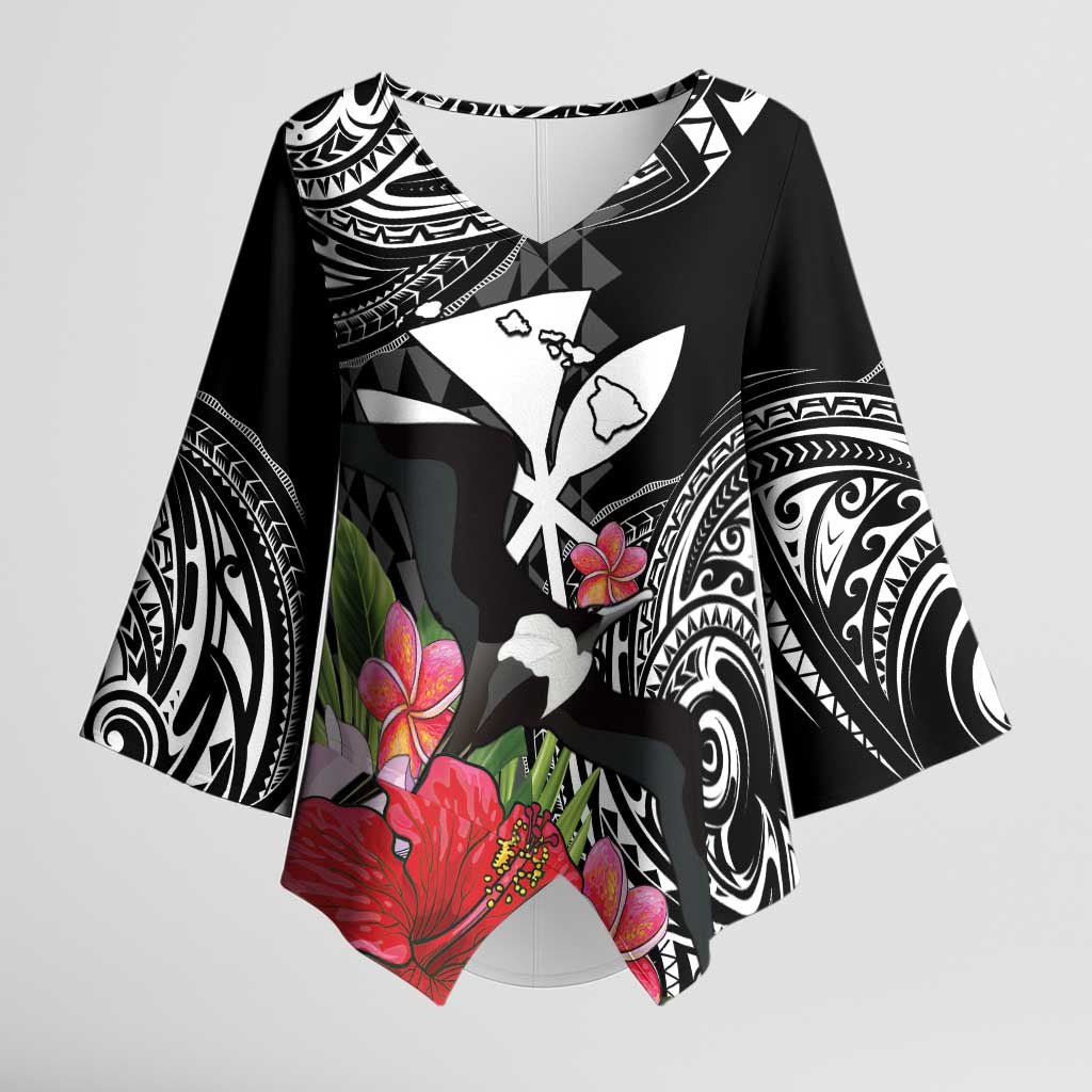 Hawaii Iwa Bird Kimono Sleeve Blouse Great Frigatebird Kanaka Tropical Flowers LT14 Female Black - Polynesian Pride