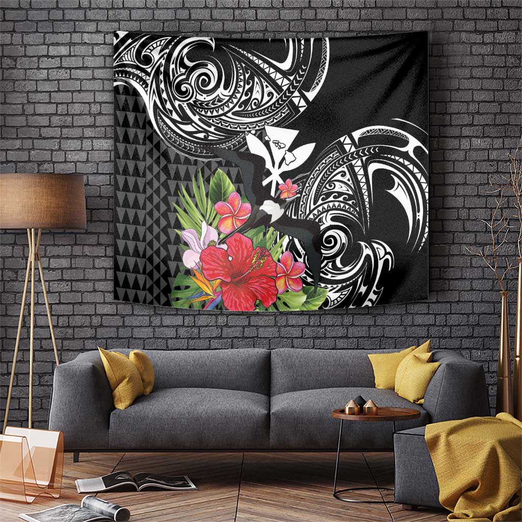 Hawaii Iwa Bird Tapestry Great Frigatebird Kanaka Tropical Flowers LT14 Black - Polynesian Pride